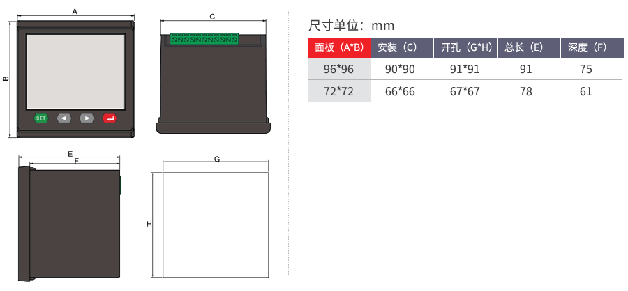 LCD多功能電力儀表開孔尺寸圖